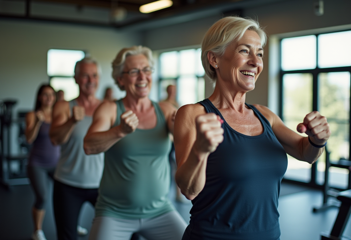 Възрастни хора тренират с професионален треньор