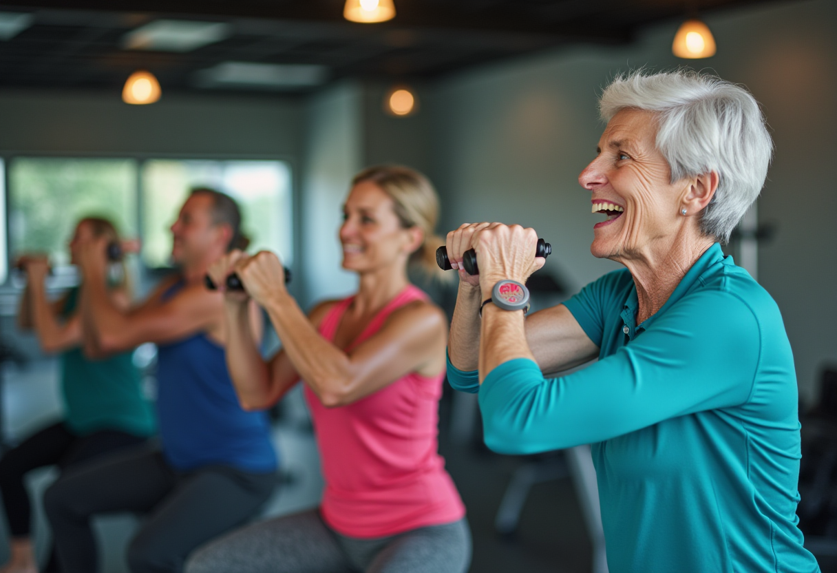 Група възрастни хора се усмихват след тренировка